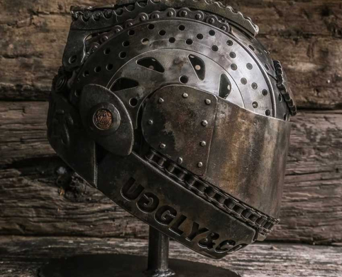 Side View of Gary Vine Memorial Helmet Metal Sculpture by Alan Williams
