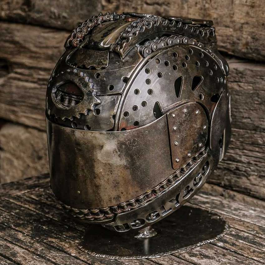 Gary Vines memorial helmet sculpture by Alan Williams Gary Vines memorial helmet sculpture created by Alan Williams from reclaimed motorcycle parts