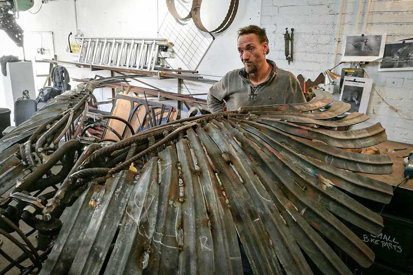 Reclaimed tools sprockets clutches and chain used in Alan Williams’ Time Migration sculpture